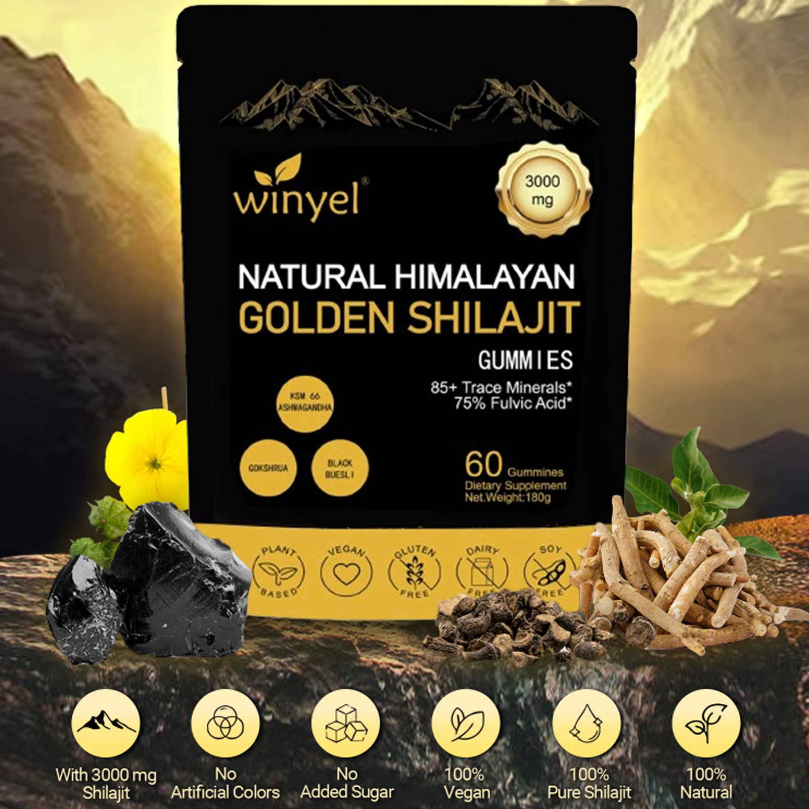 Shilajit Gummies, Himalayan Shilajit Supplements, Ashwagandha, Gokshura, 85 Trace Minerals, High Potency Gold Grade, 60 Gummies For Energy Boost, Immune Support, Non-GMO